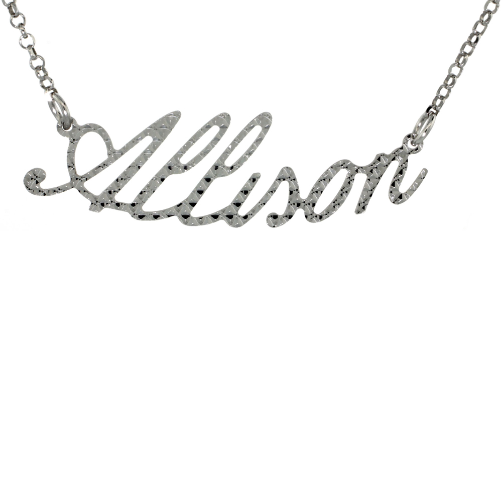 Sterling Silver ALLISON Name Necklace Diamond Cut Finish Italy, 16 inch + 2 inch extention