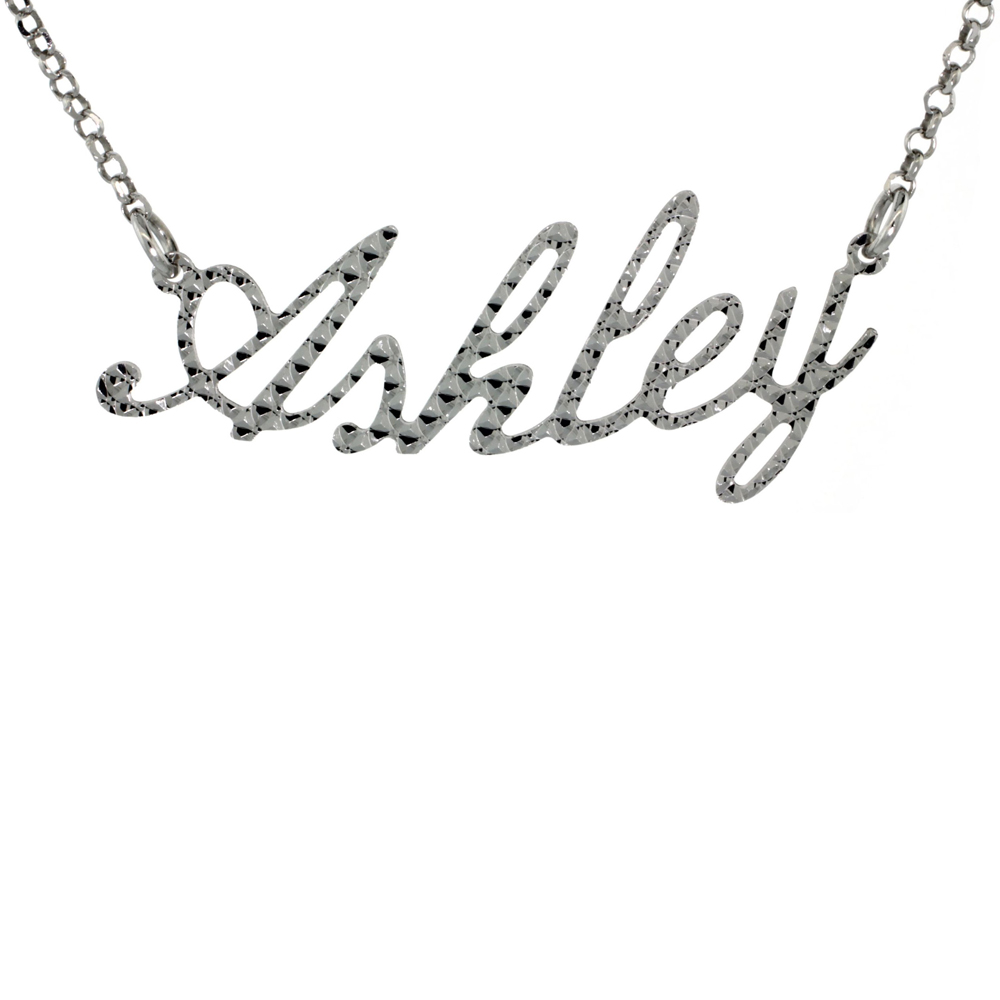 Sterling Silver Name Necklace Ashley Diamond Cut Platinum Coated Italy, about 3/4 Inch wide 16 Inches + 2 inch extension