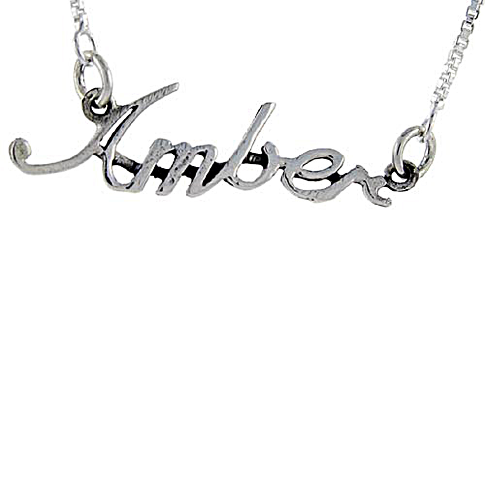 Sterling Silver Name Necklace Amber 3/8 Inch, 17 Inches Long