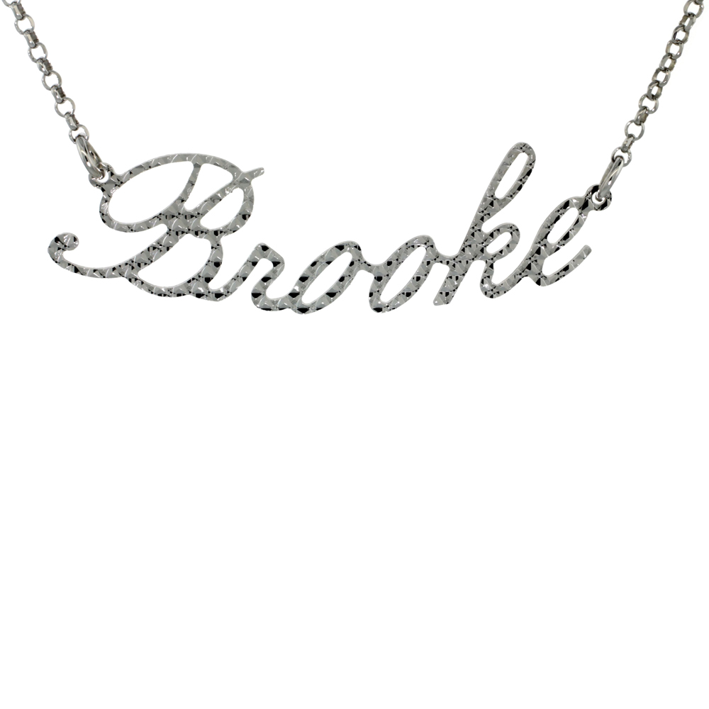 Sterling Silver Name Necklace Brooke Diamond Cut Platinum Coated Italy, about 3/4 Inch wide 16 Inches + 2 inch extension