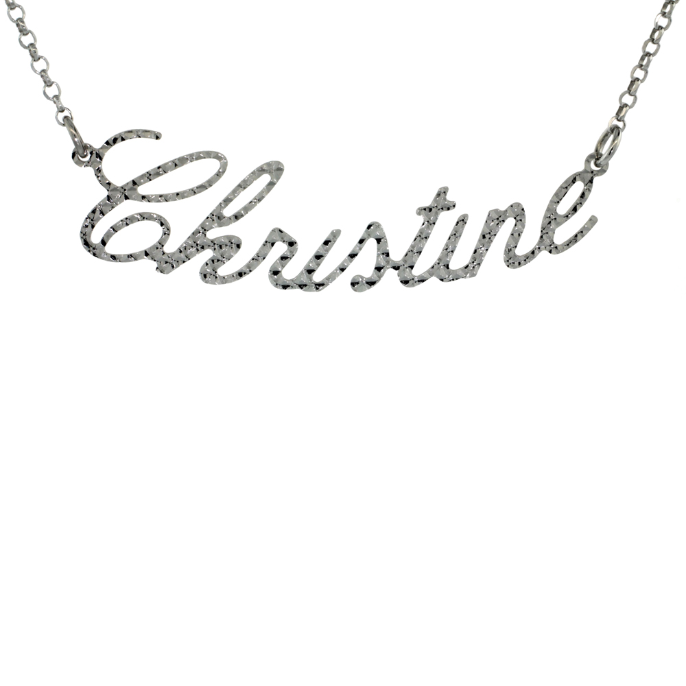 Sterling Silver Name Necklace Christine Diamond Cut Platinum Coated Italy, 16 Inches + 2 inch extension