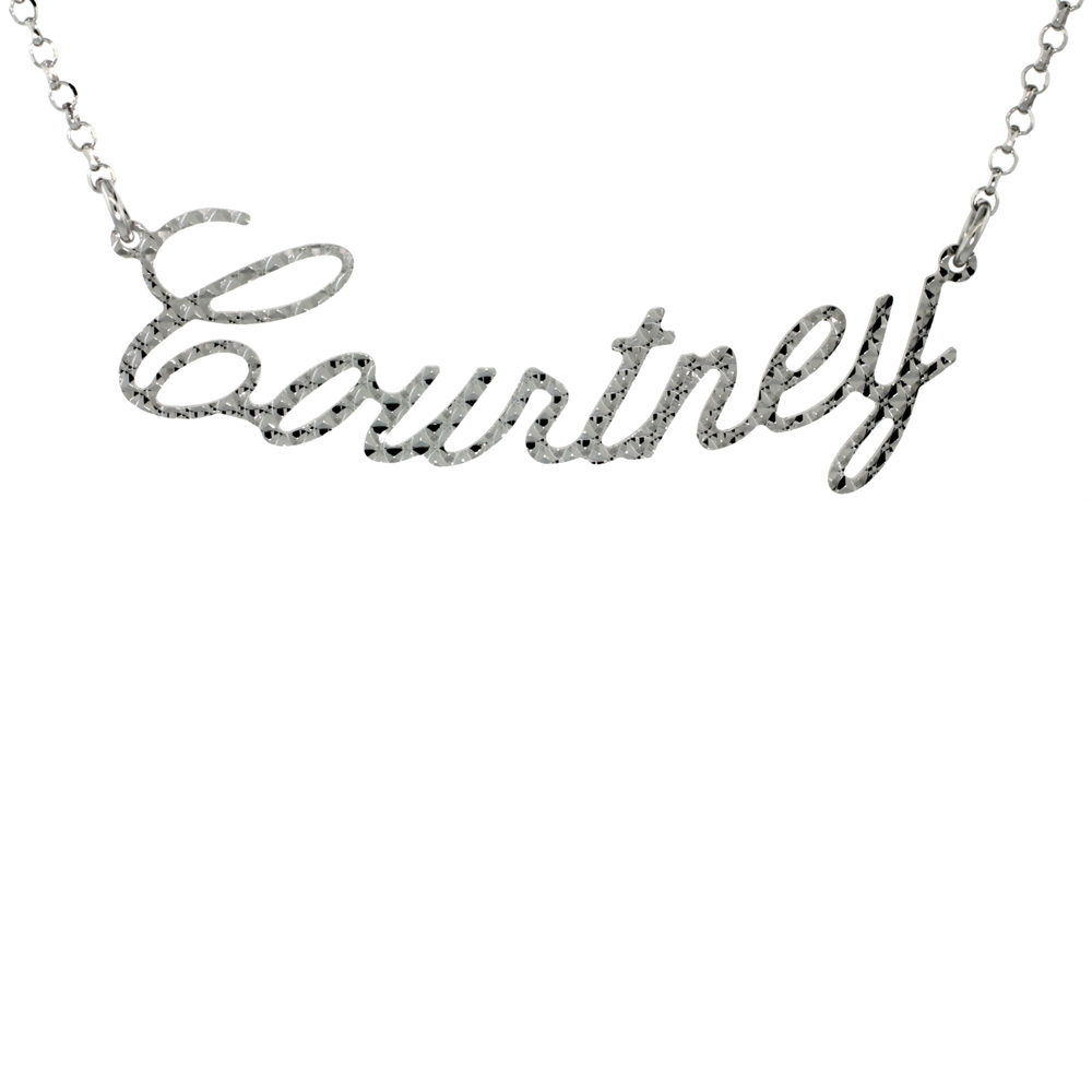 Sterling Silver Name Necklace Courtney Diamond Cut Platinum Coated Italy, about 3/4 Inch wide 16 Inches + 2 inch extension