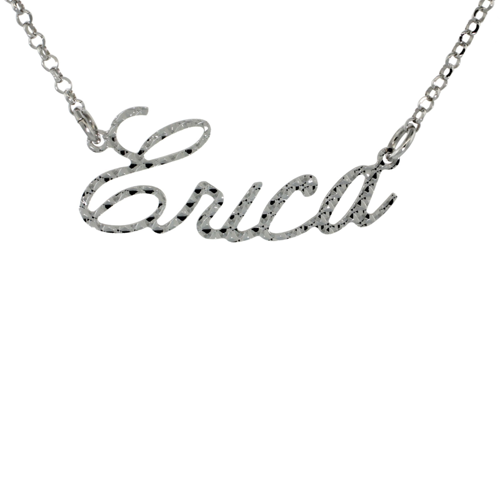 Sterling Silver Name Necklace Erica Diamond Cut Platinum Coated Italy, about 3/4 Inch wide 16 Inches + 2 inch extension