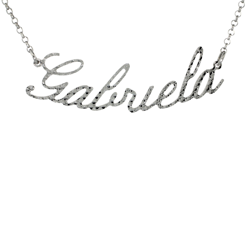 Sterling Silver Name Necklace Gabriela Diamond Cut Platinum Coated Italy, about 3/4 Inch wide 16 Inches + 2 inch extension