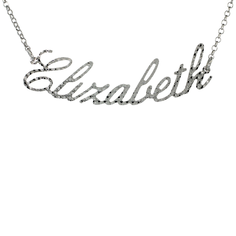 Sterling Silver Name Necklace Elizabeth Diamond Cut Platinum Coated Italy, about 3/4 Inch wide 16 Inches + 2 inch extension