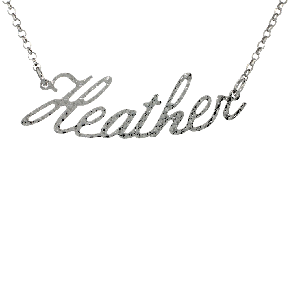 Sterling Silver Name Necklace Heather Diamond Cut Platinum Coated Italy, about 3/4 Inch wide 16 Inches + 2 inch extension