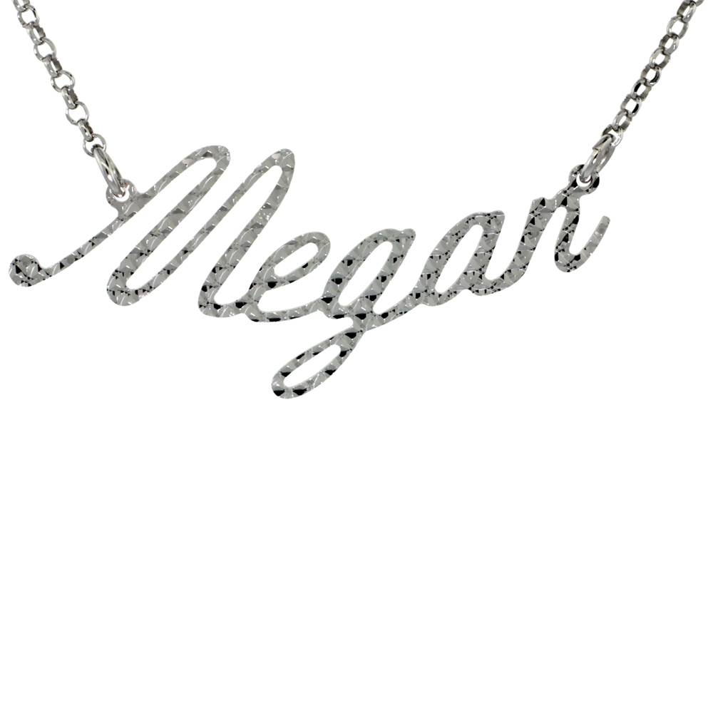 Sterling Silver Name Necklace Megan Diamond Cut Platinum Coated Italy, about 3/4 Inch wide 16 Inches + 2 inch extension