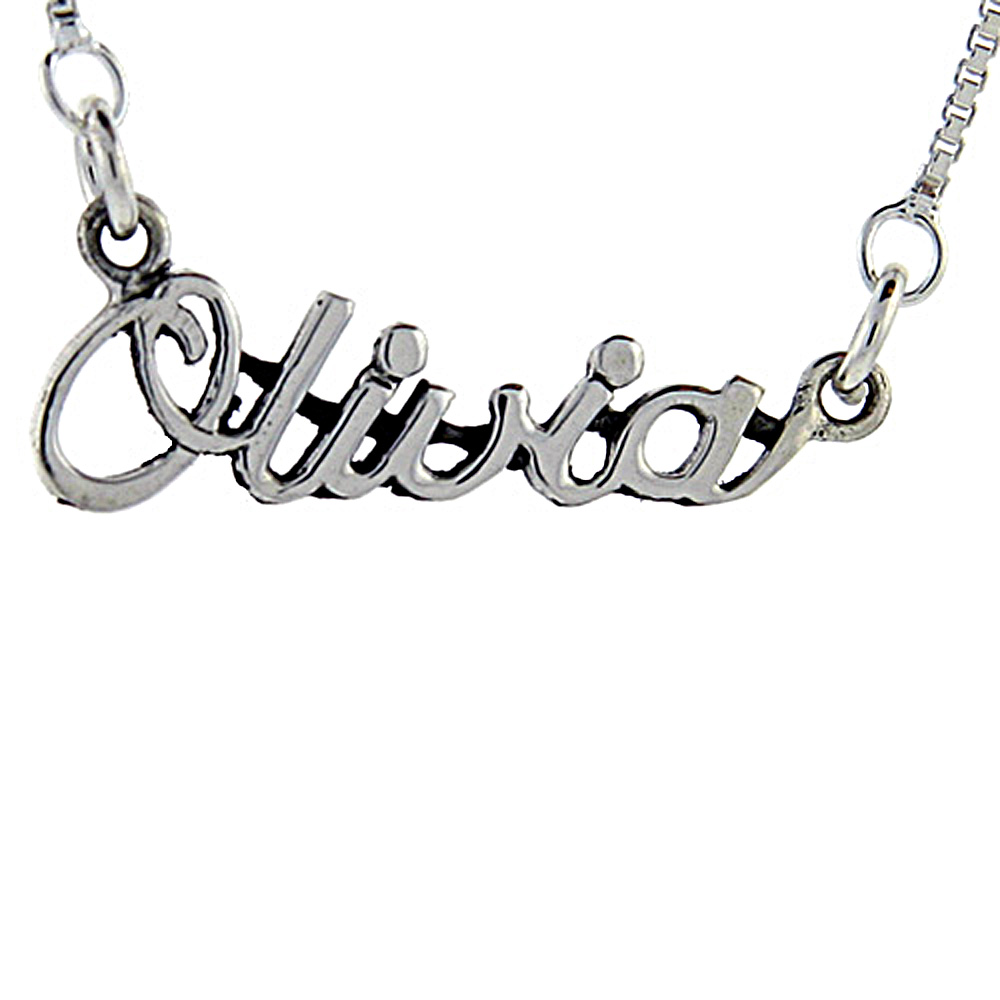 Sterling Silver Name Necklace Olivia 3/8 Inch, 17 Inches Long