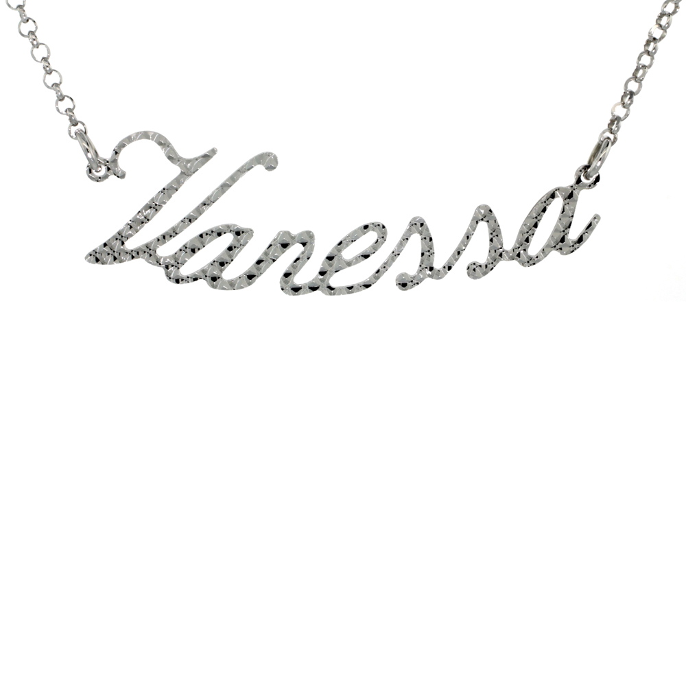 Sterling Silver Name Necklace Vanessa Diamond Cut Platinum Coated Italy, about 3/4 Inch wide 16 Inches + 2 inch extension