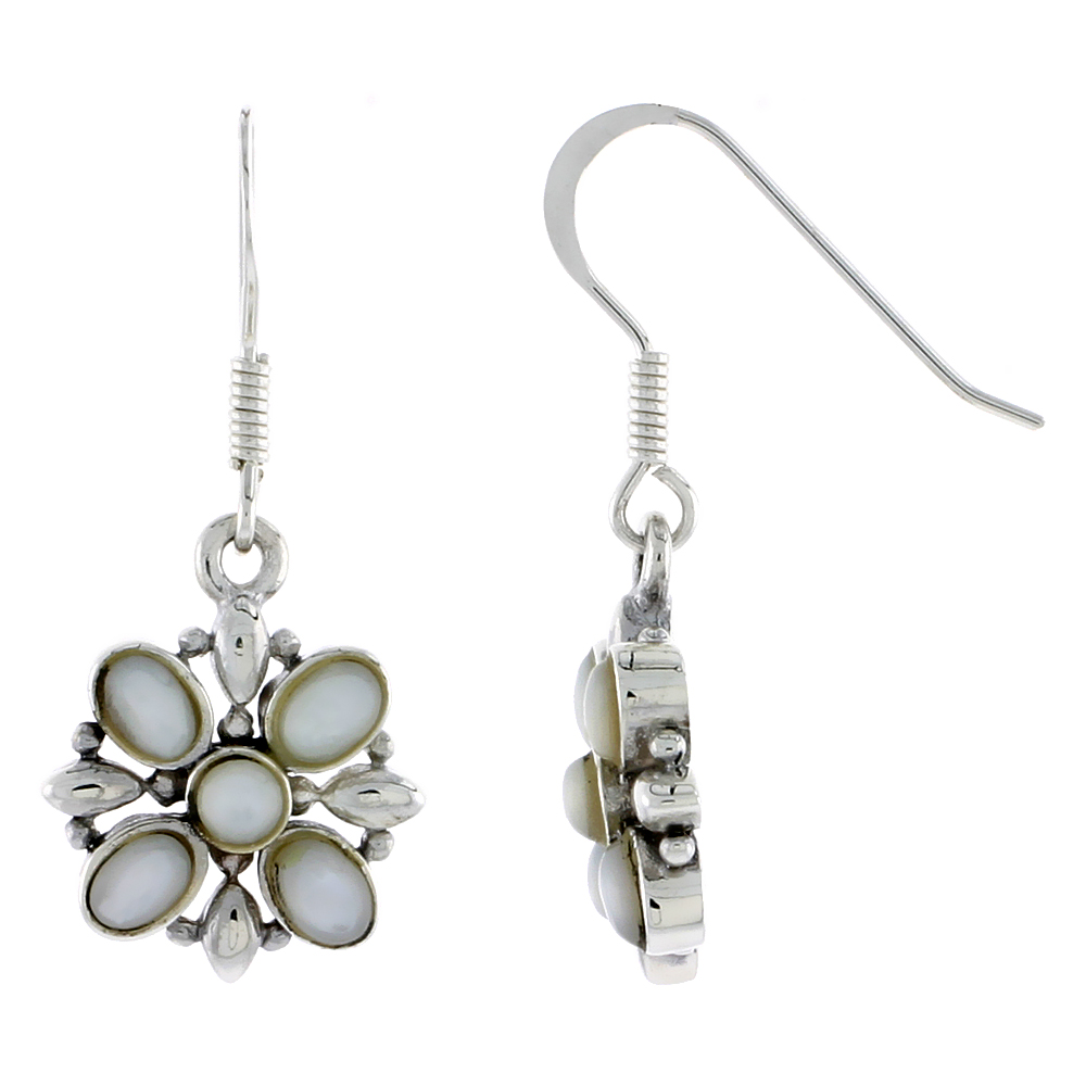 Sterling Silver Flower Earrings, w/ 3mm Round & Four 4 x 3 mm Oval-shaped Mother of Pearls, 9/16" (15 mm) tall