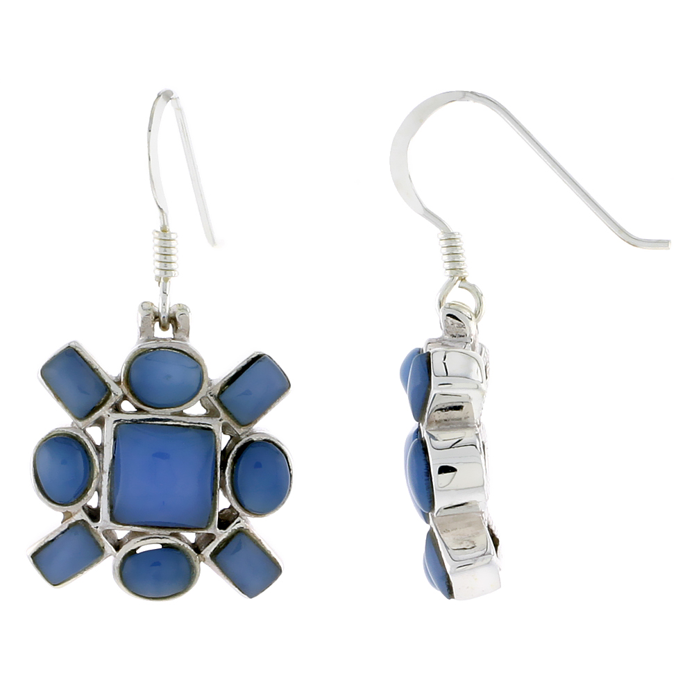 Sterling Silver Hook Earrings, w/ 6mm Square, Four 4 x 3 mm Oval & Four 4 x 2 mm Rectangular Blue Resin, 5/8" (16 mm) tall