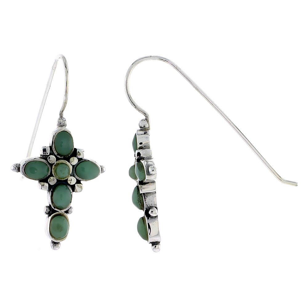 Sterling Silver Oxidized Cross Earrings, w/ 2mm Round & Five 4 x 3 mm Oval-shaped Green Resin, 7/8" (23 mm) tall