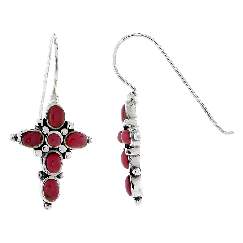 Sterling Silver Oxidized Cross Earrings, w/ 2mm Round & Five 4 x 3 mm Oval-shaped Red Resin, 7/8" (23 mm) tall