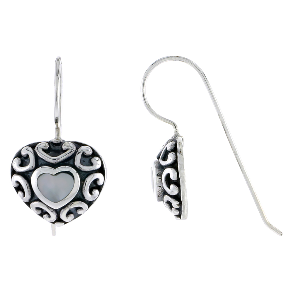 Sterling Silver Oxidized Heart Earrings, w/ Mother of Pearl, 1/2" (13 mm) tall