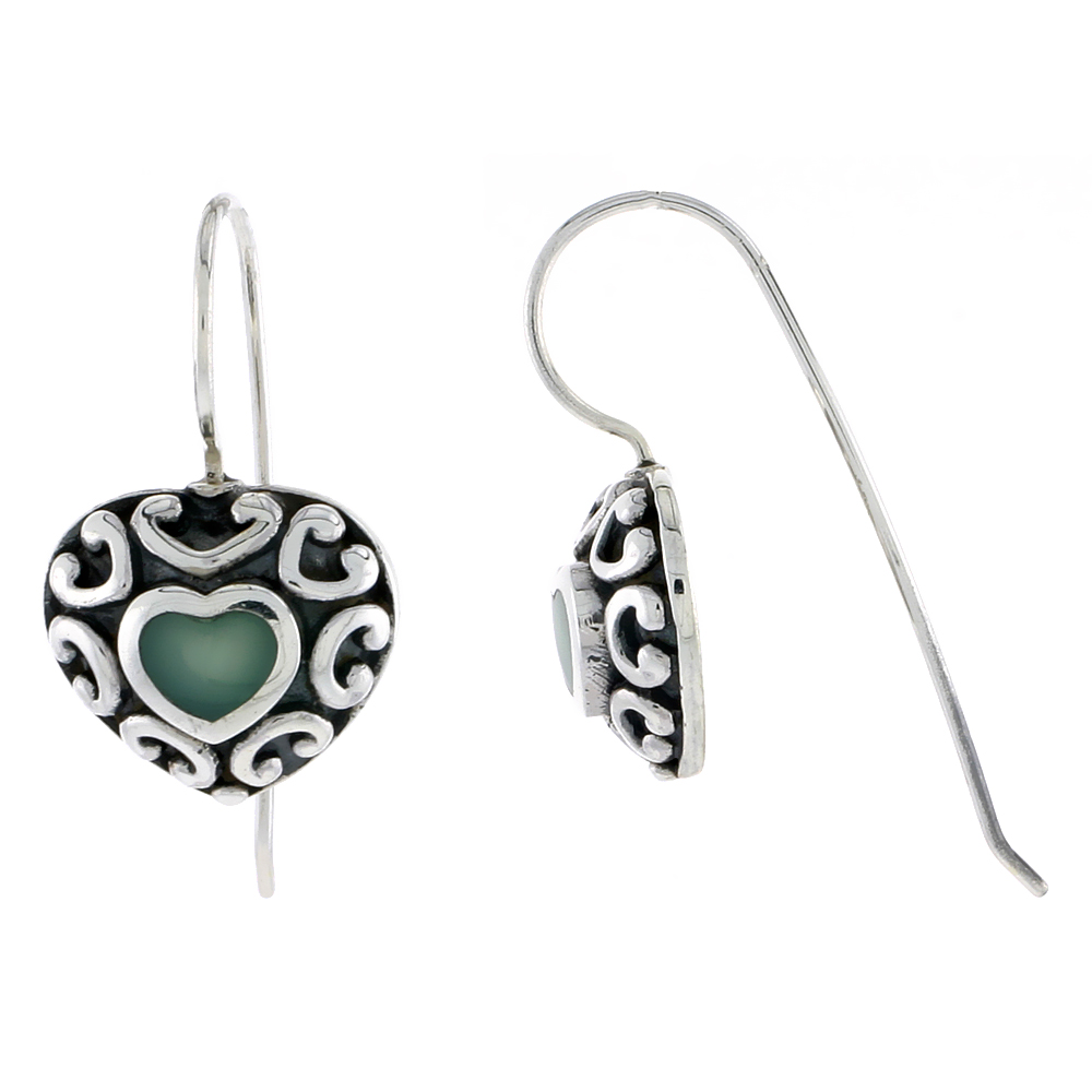 Sterling Silver Oxidized Heart Earrings, w/ Green Resin, 1/2" (13 mm) tall