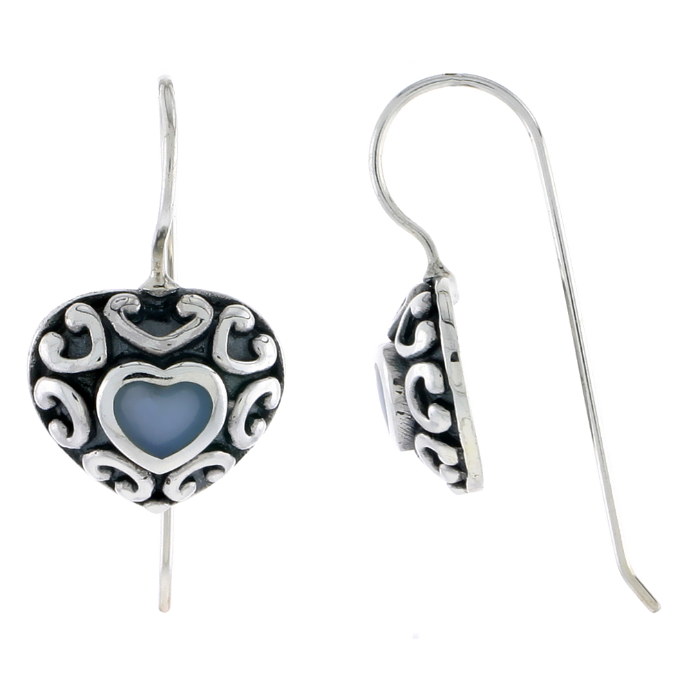 Sterling Silver Oxidized Heart Earrings, w/ Blue Resin, 1/2" (13 mm) tall