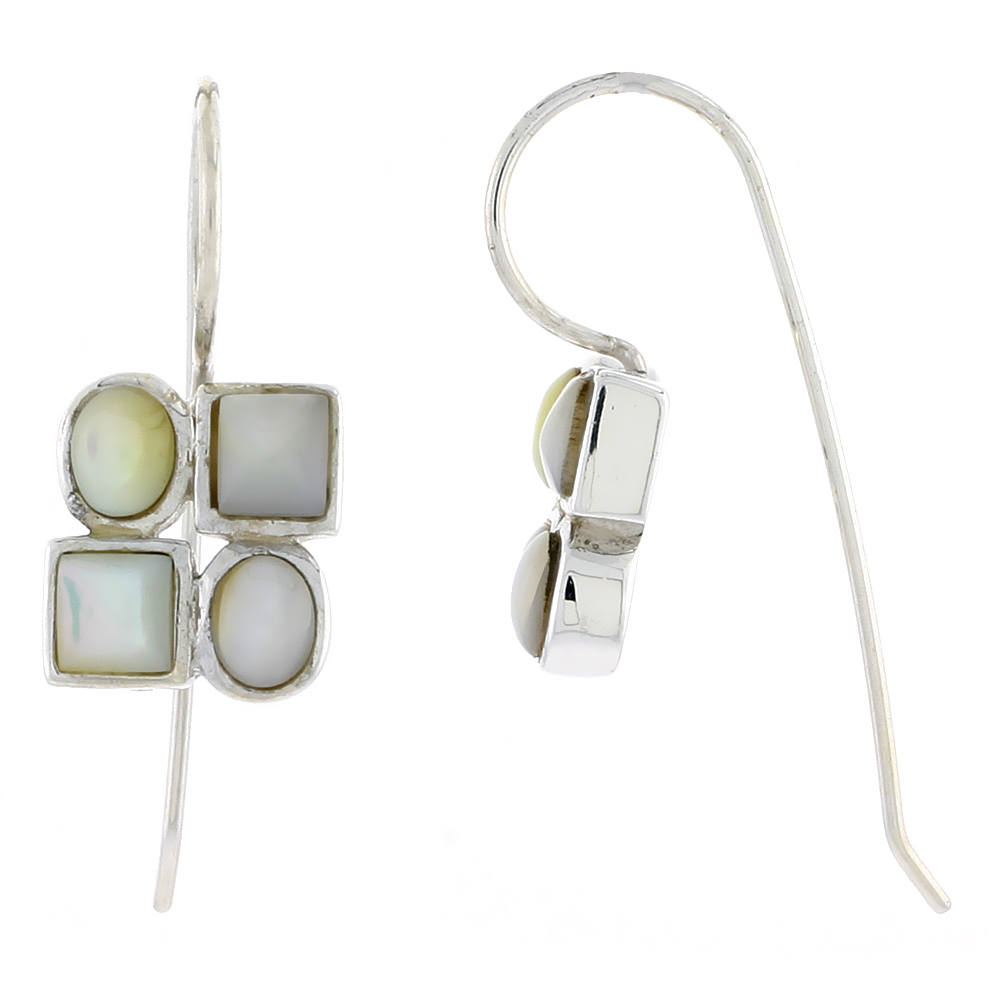 Sterling Silver Hook Earrings, w/ Two 4mm Square &amp; Two 4.5 x 3.5 mm Oval-shaped Mother of Pearls, 7/16&quot; (11 mm) tall