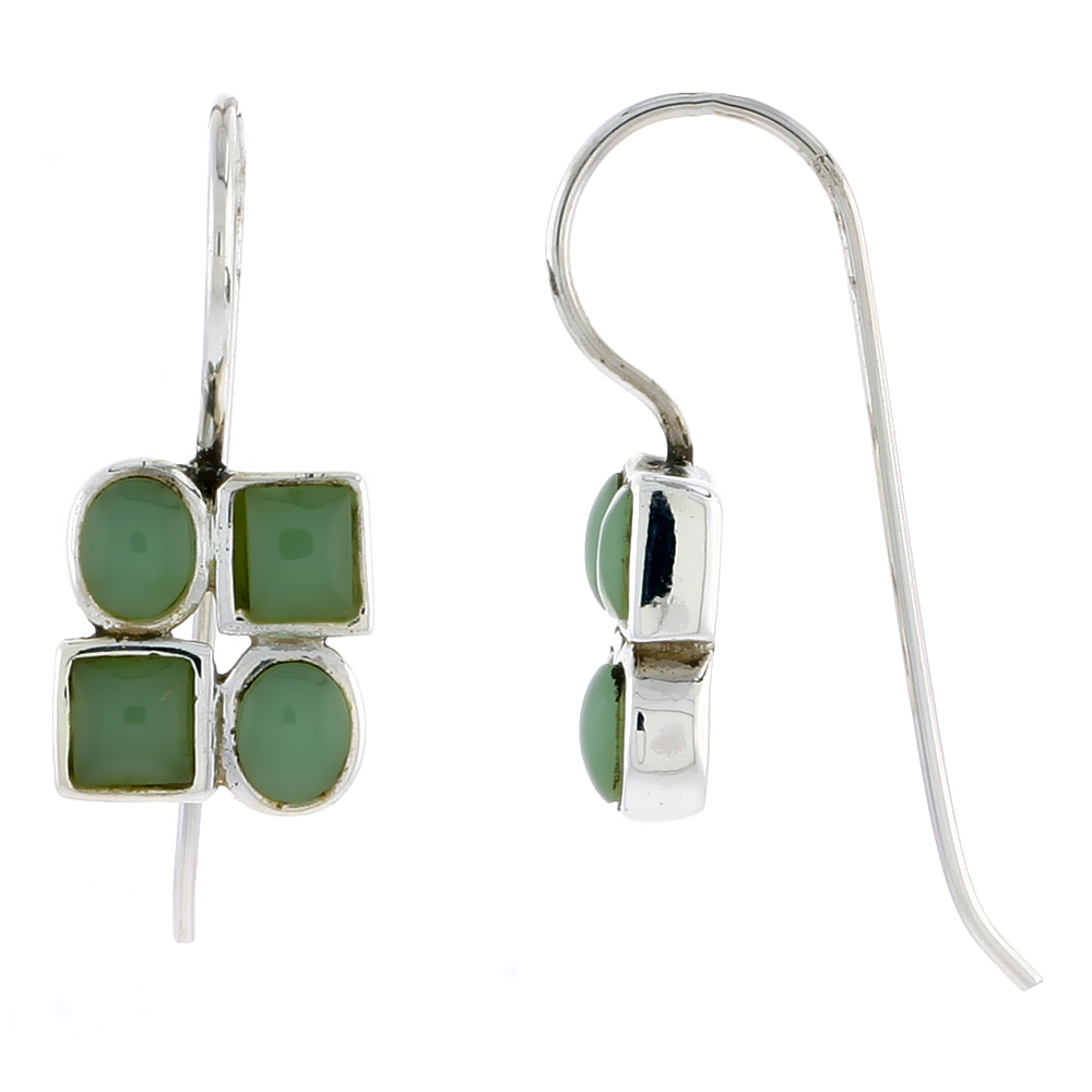 Sterling Silver Hook Earrings, w/ Two 4mm Square & Two 4.5 x 3.5 mm Oval-shaped Green Resin, 7/16" (11 mm) tall