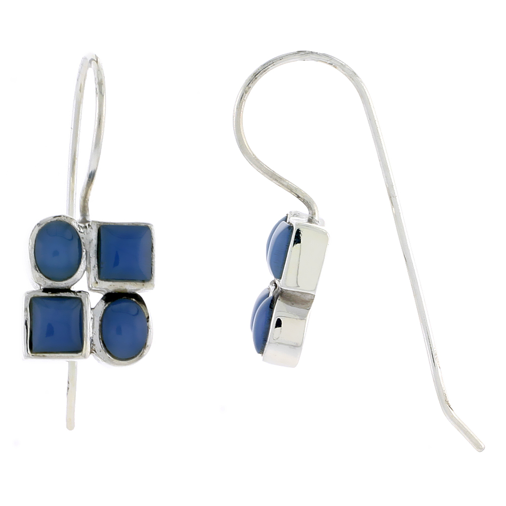 Sterling Silver Hook Earrings, w/ Two 4mm Square &amp; Two 4.5 x 3.5 mm Oval-shaped Blue Resin, 7/16&quot; (11 mm) tall
