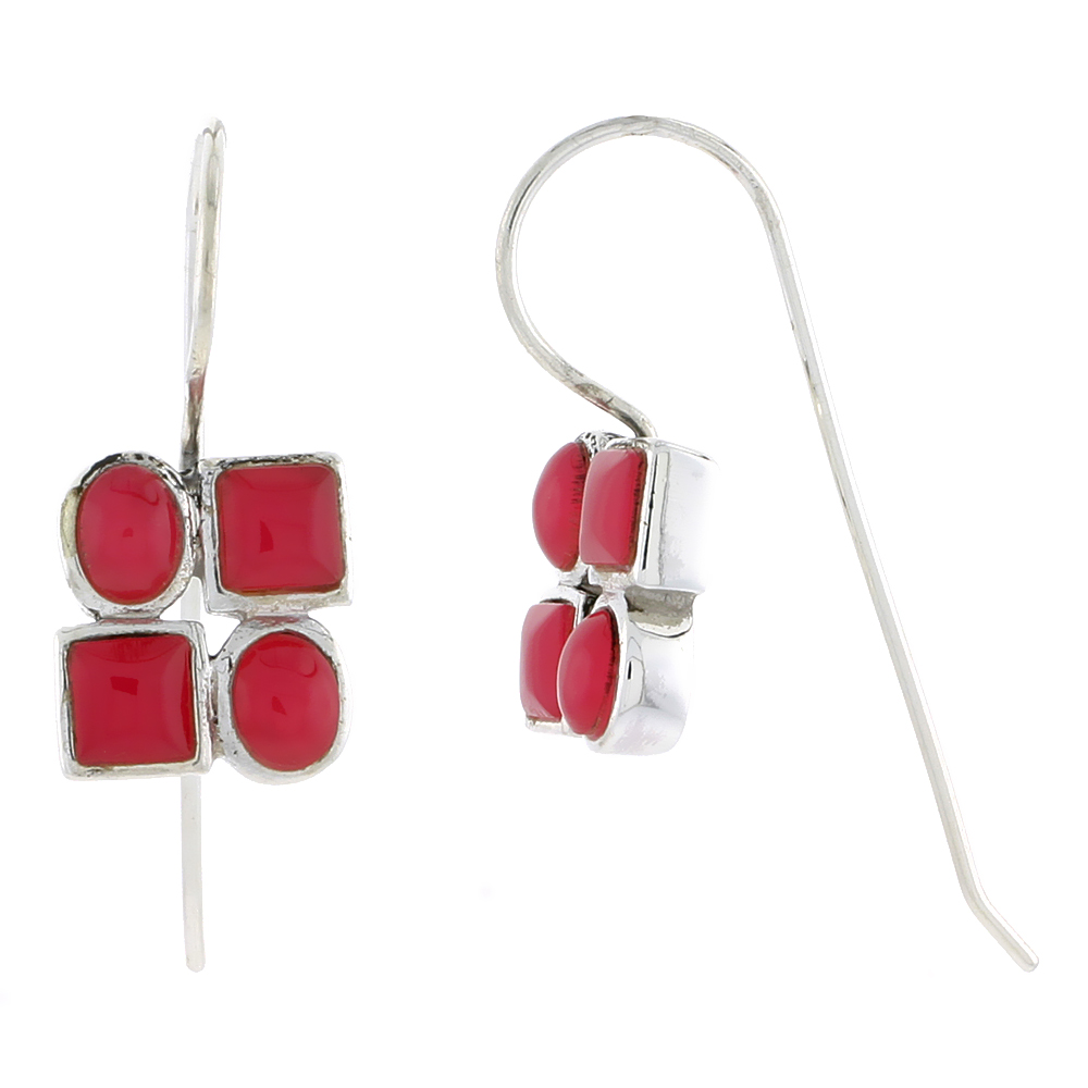 Sterling Silver Hook Earrings, w/ Two 4mm Square & Two 4.5 x 3.5 mm Oval-shaped Red Resin, 7/16" (11 mm) tall