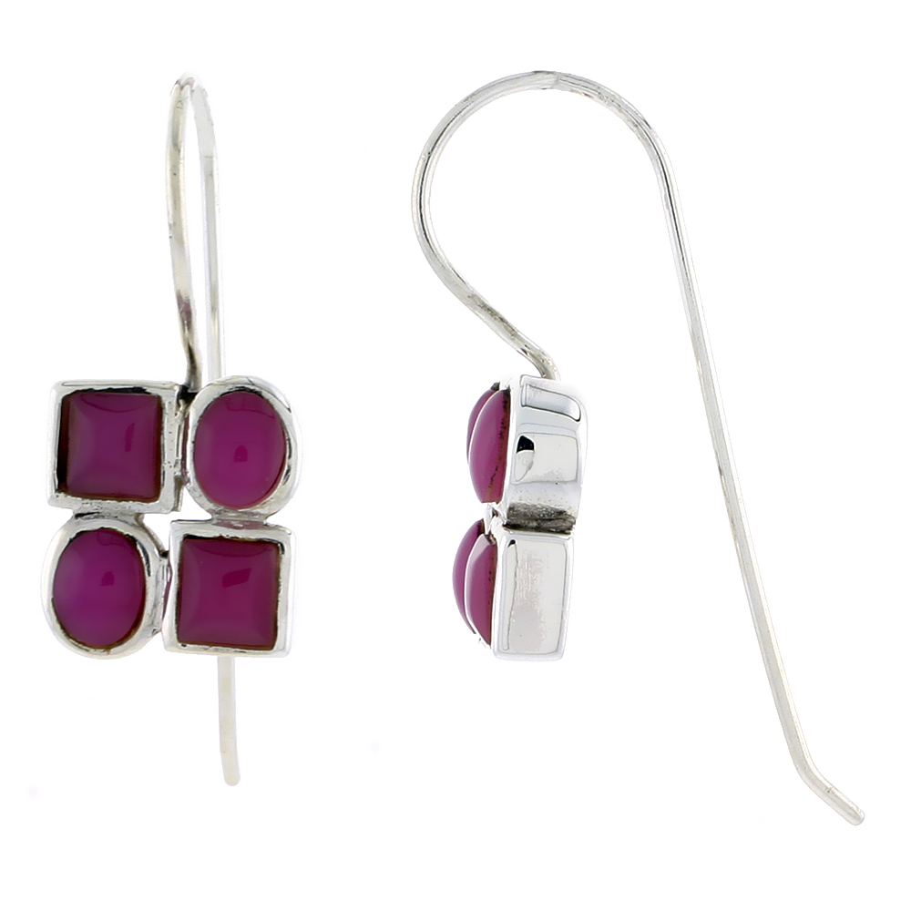 Sterling Silver Hook Earrings, w/ Two 4mm Square &amp; Two 4.5 x 3.5 mm Oval-shaped Purple Resin, 7/16&quot; (11 mm) tall