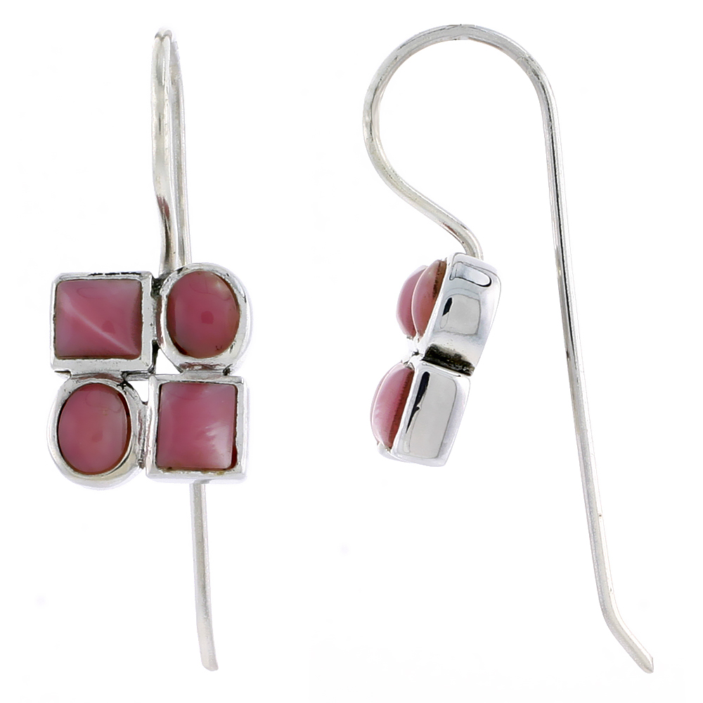 Sterling Silver Hook Earrings, w/ Two 4mm Square & Two 4.5 x 3.5 mm Oval-shaped Pink Mother of Pearls, 7/16" (11 mm) tall