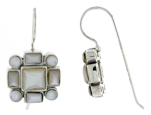 Sterling Silver Round &amp; Rectangular Mother of Pearl Dangling Earrings with 6mm Center, 1/2 inch long