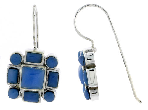 Sterling Silver Round &amp; Rectangular Blue Resin Dangling Earrings with 6mm Center, 1/2 inch long