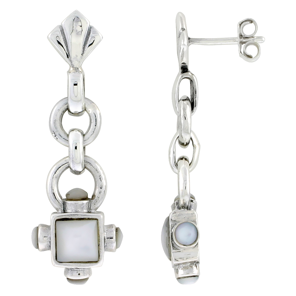 Sterling Silver Oxidized Dangling Earrings, w/ 5mm Square & Four 3mm Round Mother of Pearls, 1 3/8" (35 mm) tall