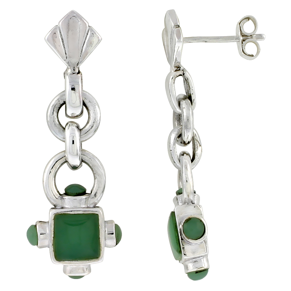Sterling Silver Oxidized Dangling Earrings, w/ 5mm Square & Four 3mm Round Green Resin, 1 3/8" (35 mm) tall