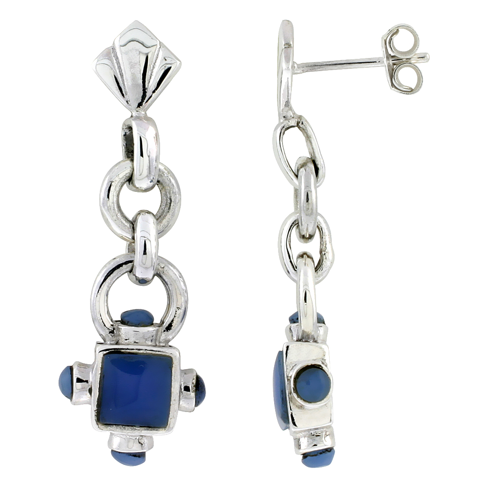 Sterling Silver Oxidized Dangling Earrings, w/ 5mm Square &amp; Four 3mm Round Blue Resin, 1 3/8&quot; (35 mm) tall