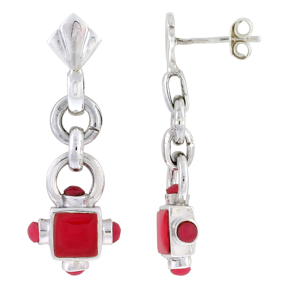 Sterling Silver Oxidized Dangling Earrings, w/ 5mm Square & Four 3mm Round Red Resin, 1 3/8" (35 mm) tall