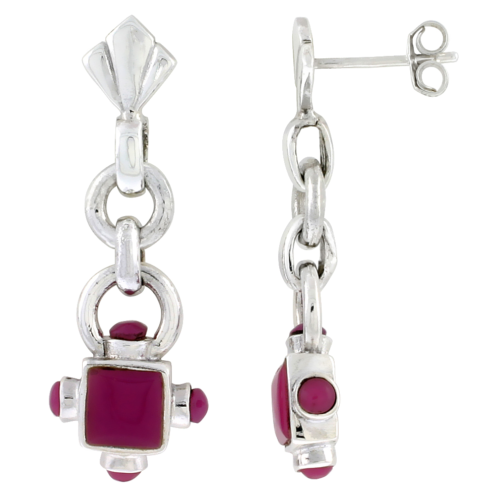 Sterling Silver Oxidized Dangling Earrings, w/ 5mm Square & Four 3mm Round Purple Resin, 1 3/8" (35 mm) tall