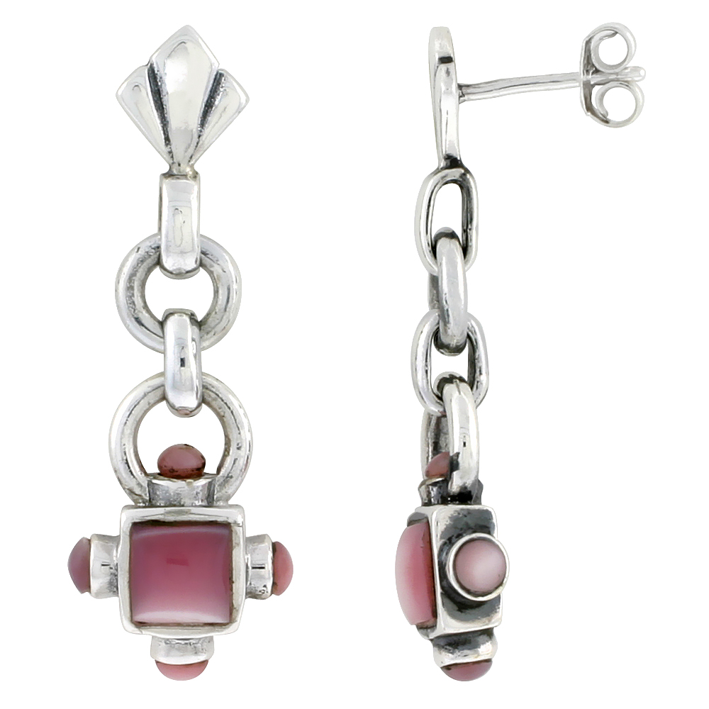 Sterling Silver Oxidized Dangling Earrings, w/ 5mm Square &amp; Four 3mm Round Pink Mother of Pearls, 1 3/8&quot; (35 mm) tall