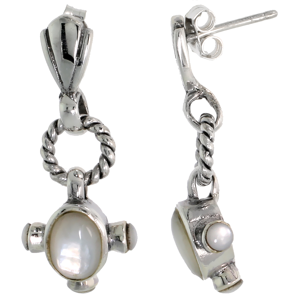 Sterling Silver Oxidized Dangling Earrings, w/ 7 x 5 Oval &amp; Three 2.5mm Round Mother of Pearls, 1 1/8&quot; (29 mm) tall