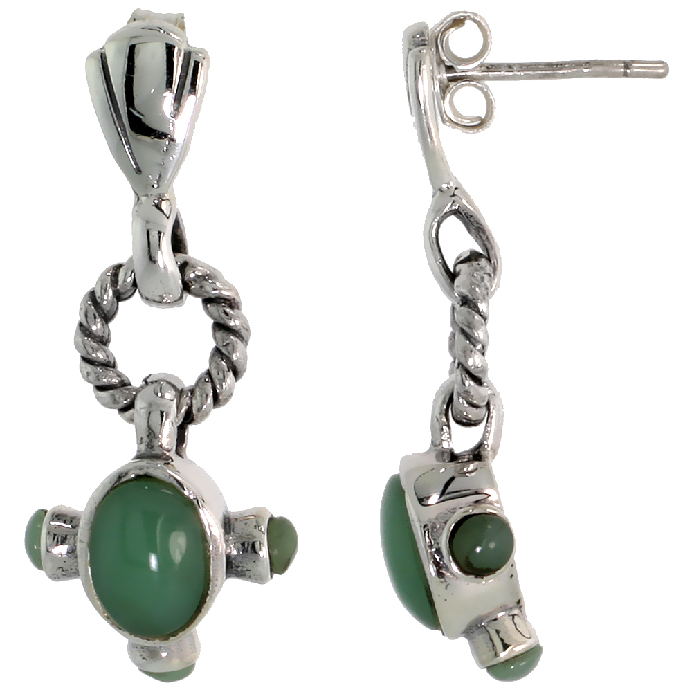 Sterling Silver Oxidized Dangling Earrings, w/ 7 x 5 Oval & Three 2.5mm Round Green Resin, 1 1/8" (29 mm) tall