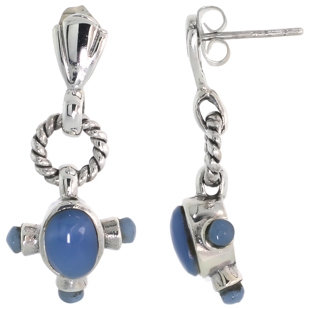 Sterling Silver Oxidized Dangling Earrings, w/ 7 x 5 Oval & Three 2.5mm Round Blue Resin, 1 1/8" (29 mm) tall