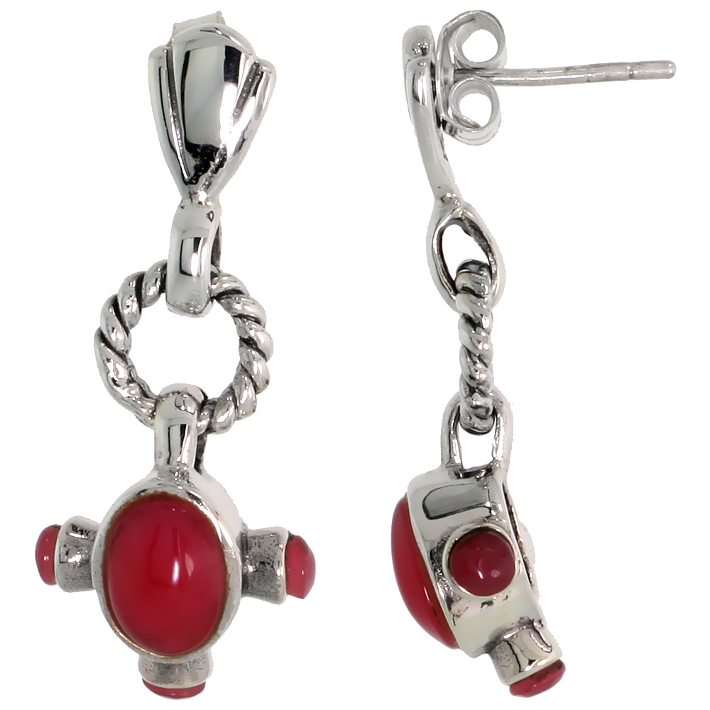 Sterling Silver Oxidized Dangling Earrings, w/ 7 x 5 Oval & Three 2.5mm Round Red Resin, 1 1/8" (29 mm) tall