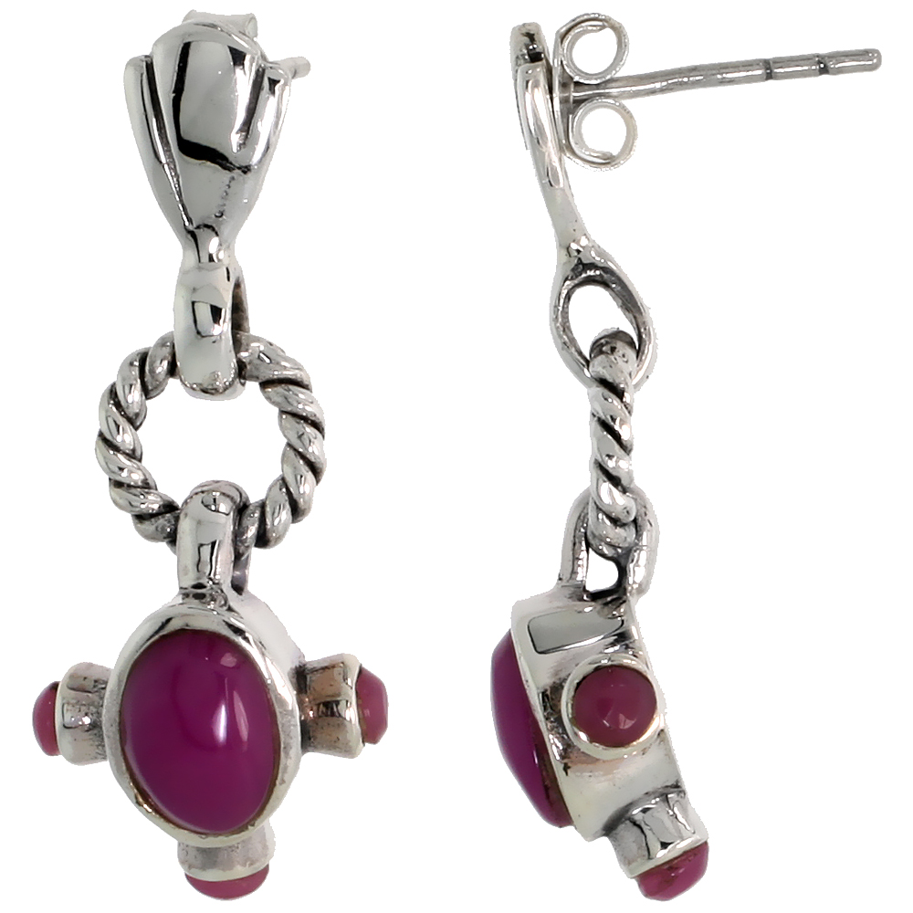 Sterling Silver Oxidized Dangling Earrings, w/ 7 x 5 Oval & Three 2.5mm Round Purple Resin, 1 1/8" (29 mm) tall