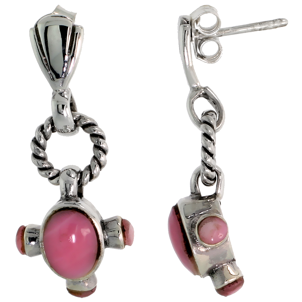 Sterling Silver Oxidized Dangling Earrings, w/ 7 x 5 Oval &amp; Three 2.5mm Round Pink Mother of Pearls, 1 1/8&quot; (29 mm) tall