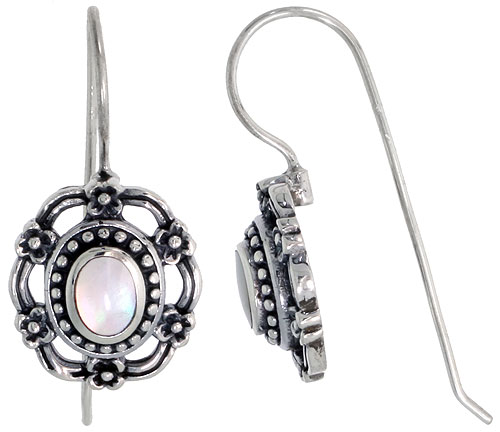 Sterling Silver Oxidized Earrings, w/ 6 x 4 mm Oval-shaped Mother of Pearl, 9/16" (15 mm) tall