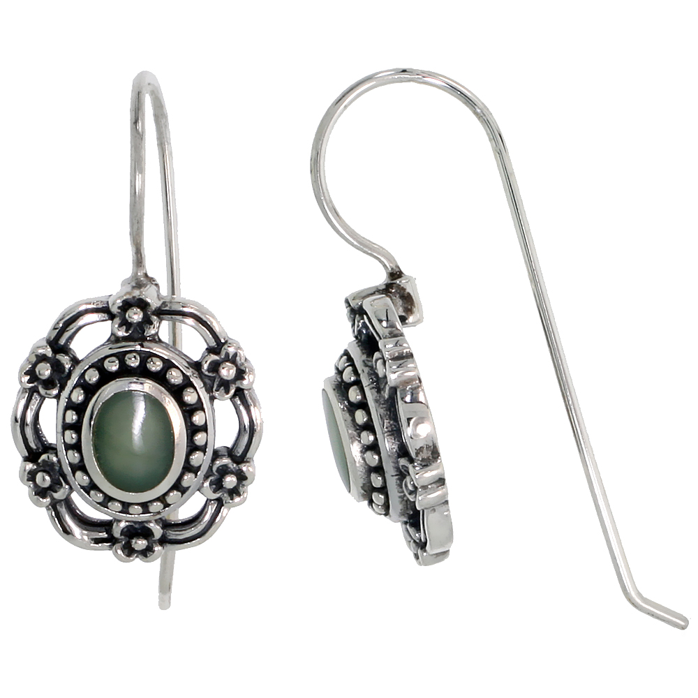 Sterling Silver Oxidized Earrings, w/ 6 x 4 mm Oval-shaped Green Resin, 9/16" (15 mm) tall