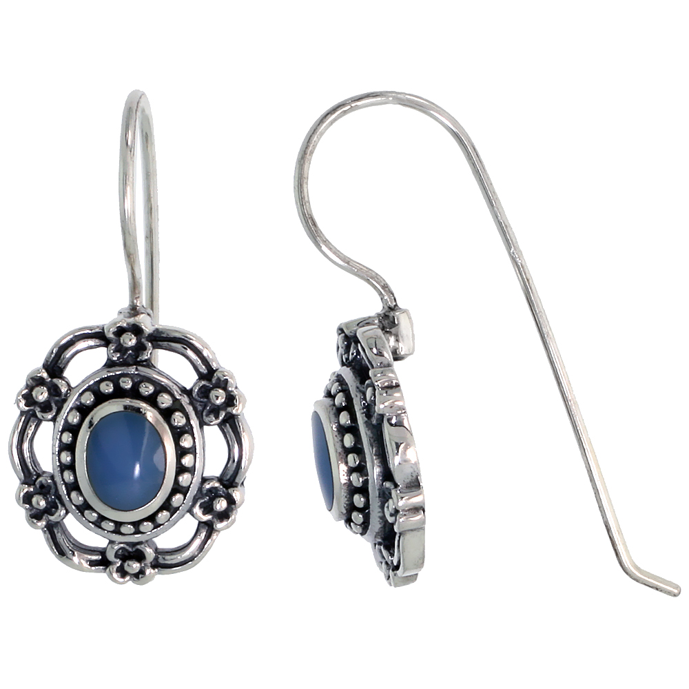 Sterling Silver Oxidized Earrings, w/ 6 x 4 mm Oval-shaped Blue Resin, 9/16" (15 mm) tall