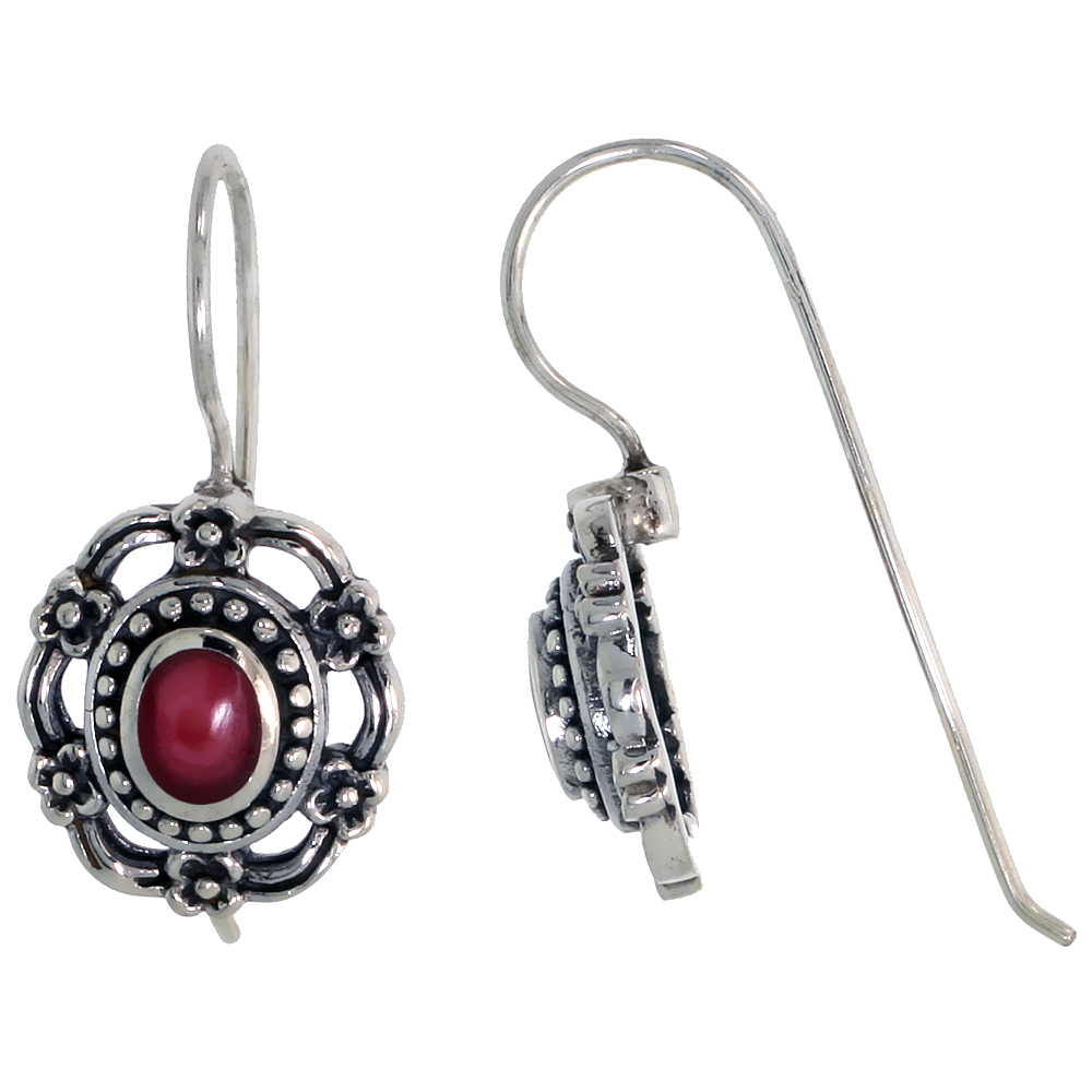 Sterling Silver Oxidized Earrings, w/ 6 x 4 mm Oval-shaped Red Resin, 9/16" (15 mm) tall