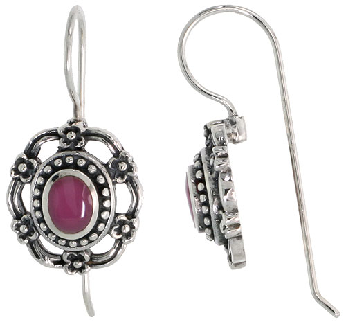 Sterling Silver Oxidized Earrings, w/ 6 x 4 mm Oval-shaped Purple Resin, 9/16" (15 mm) tall