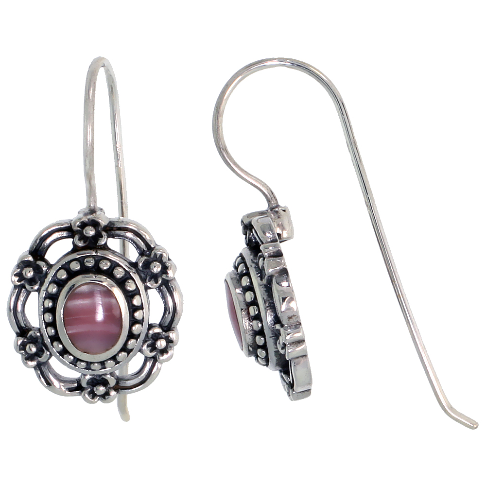 Sterling Silver Oxidized Earrings, w/ 6 x 4 mm Oval-shaped Pink Mother of Pearl, 9/16" (15 mm) tall