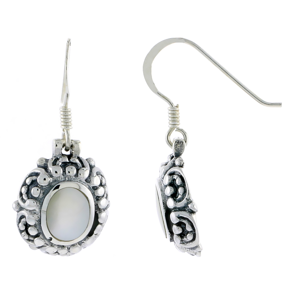 Sterling Silver Oxidized Hook Earrings, w/ 8 x 6 mm Oval-shaped Mother of Pearl, 9/16" (14 mm) tall