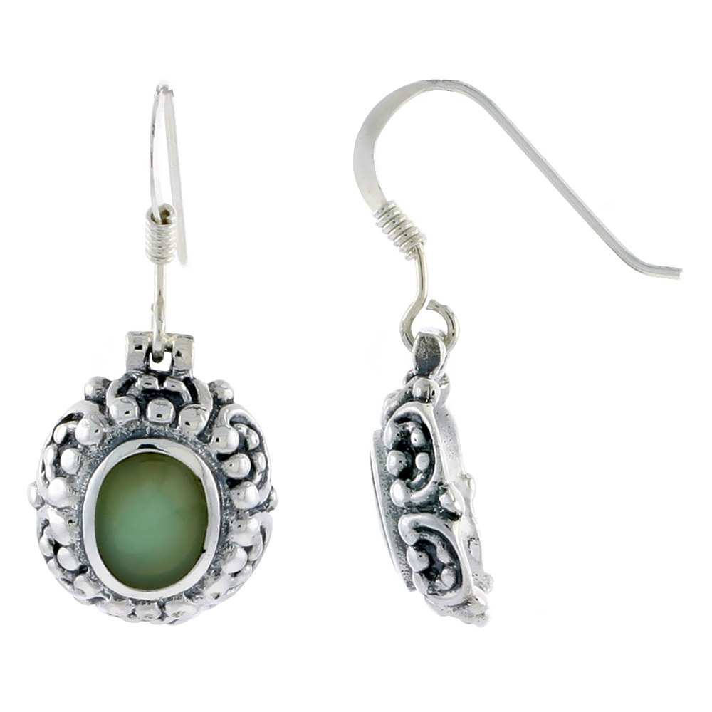 Sterling Silver Oxidized Hook Earrings, w/ 8 x 6 mm Oval-shaped Green Resin, 9/16" (14 mm) tall
