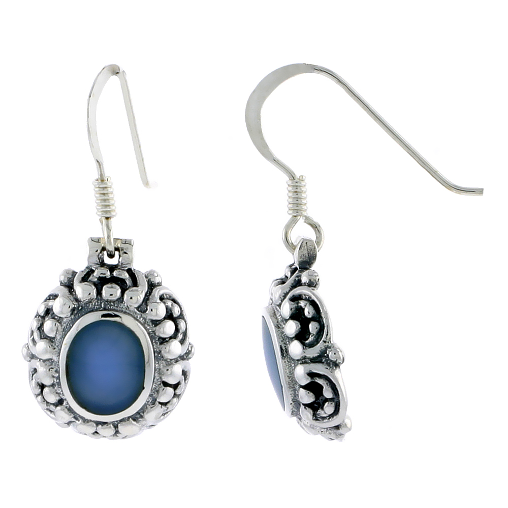 Sterling Silver Oxidized Hook Earrings, w/ 8 x 6 mm Oval-shaped Blue Resin, 9/16" (14 mm) tall