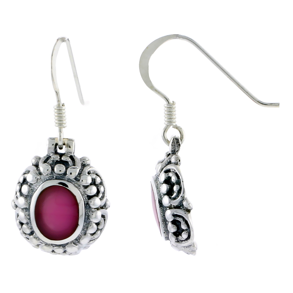 Sterling Silver Oxidized Hook Earrings, w/ 8 x 6 mm Oval-shaped Red Resin, 9/16&quot; (14 mm) tall